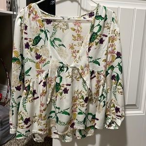 Lucky Brand White Floral Peasant Blouse with Green and Purple Print